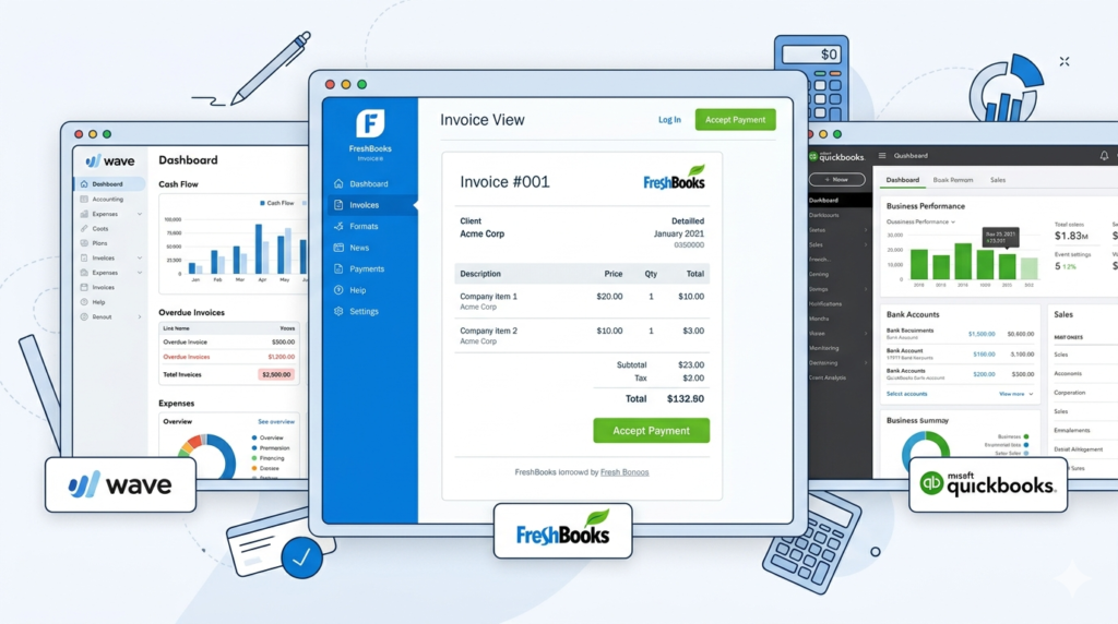 A side-by-side view of accounting software for freelancers dashboards showing invoicing and expense tracking features