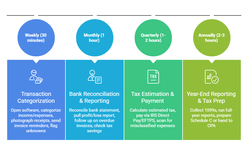 An infographic showcasing the steps needed to conduct an effective weekly, monthly, quarterly and annually bookkeeping routine for their self-employed business