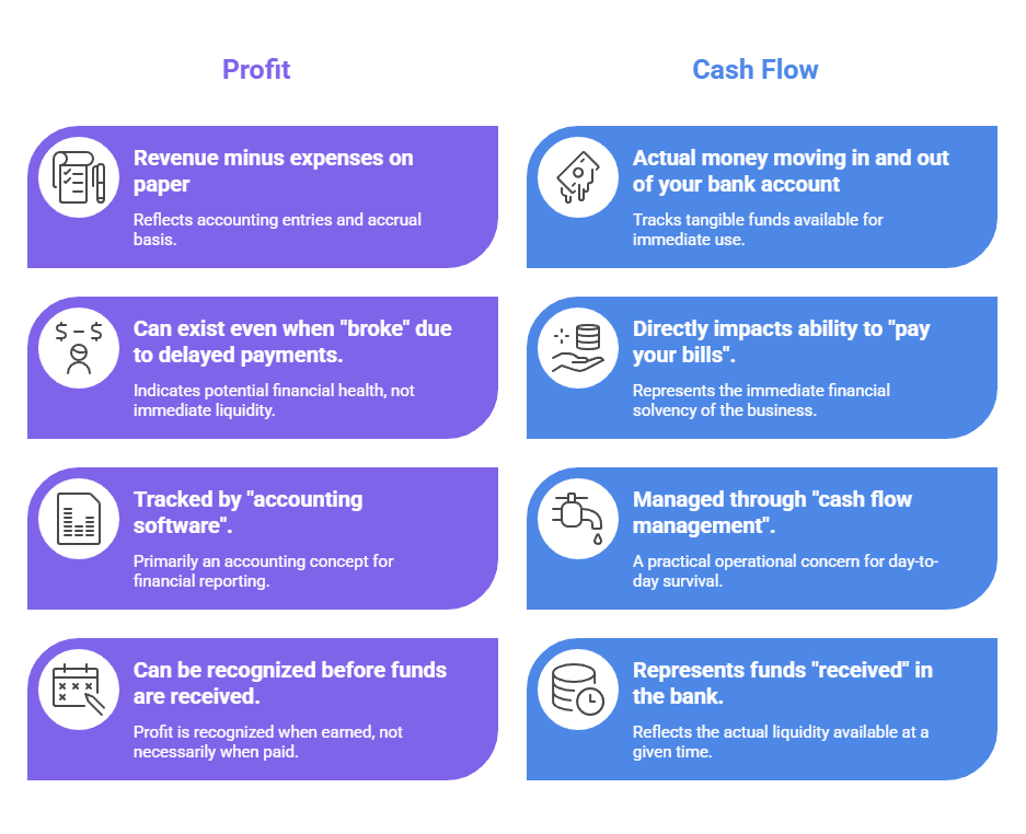 An infographic of the differences between profit in a business and cash flow