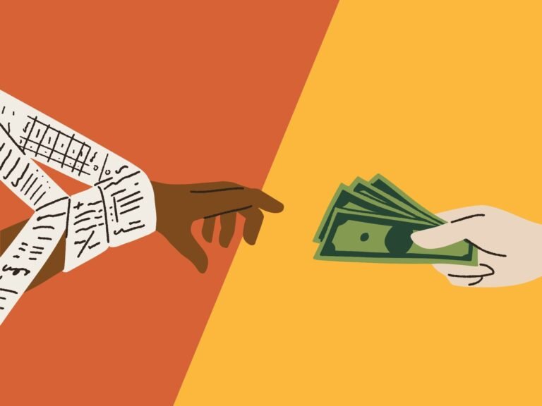 Illustration of two hands reaching toward each other — one wrapped in receipts and the other holding cash bills — representing a financial transaction against a split red and yellow background.