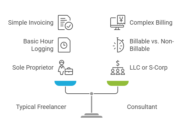 A simple infographic showing the slight but important differences between freelancer billing and consultant billing