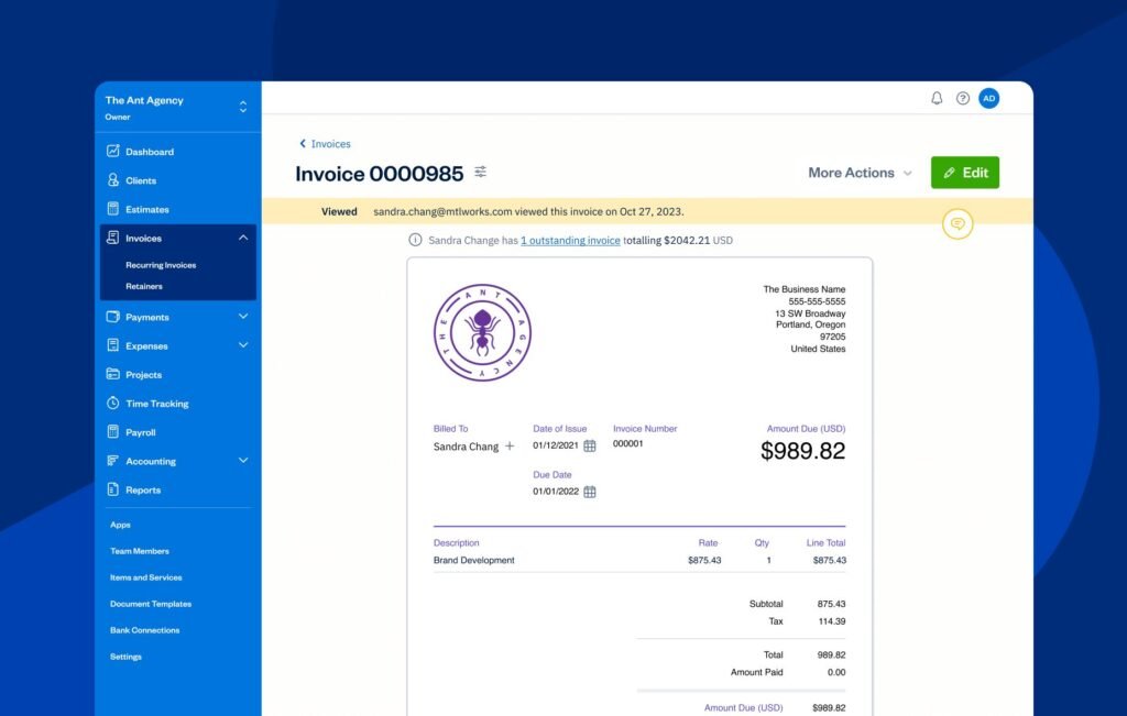 FreshBooks invoicing interface showing a professional client invoice with time tracking