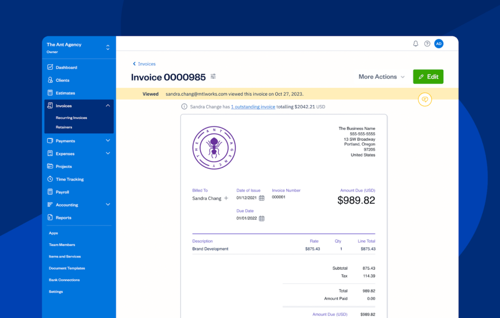 FreshBooks invoicing interface showing a professional client invoice with time tracking