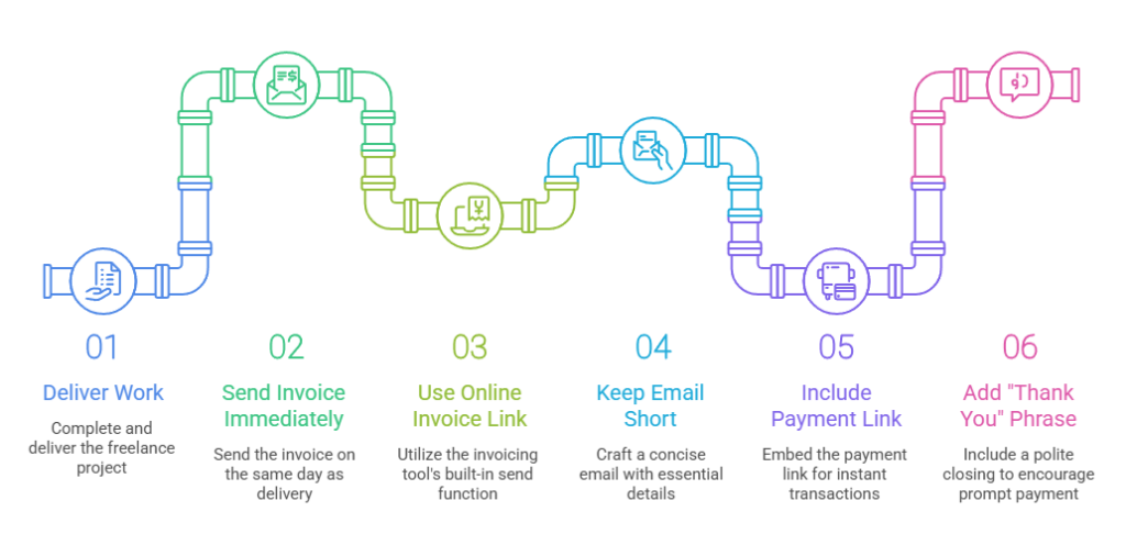A colorful infographic showing the pipeline of when and how to invoice as a freelancer