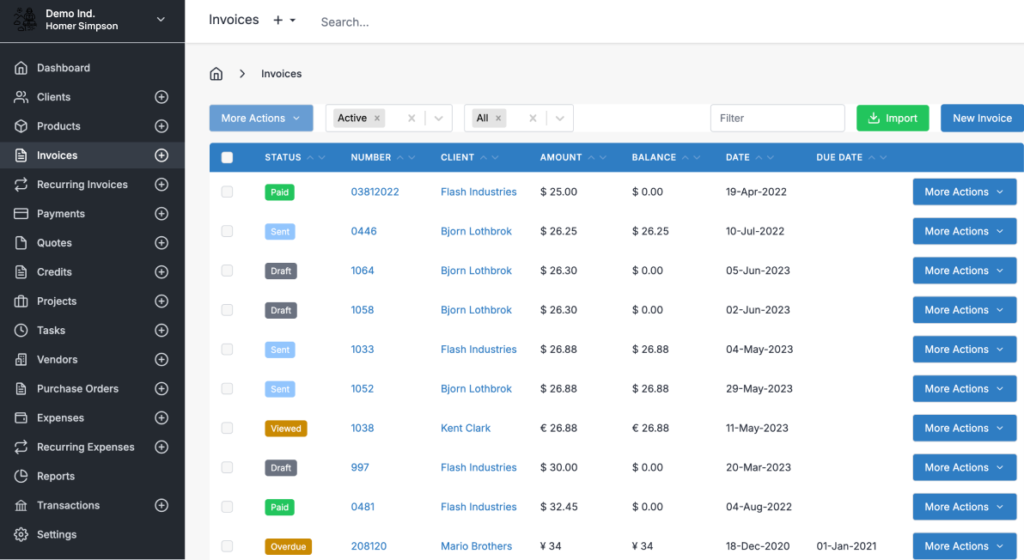 A screenshot of InvoiceNinja dashboard, from the official website