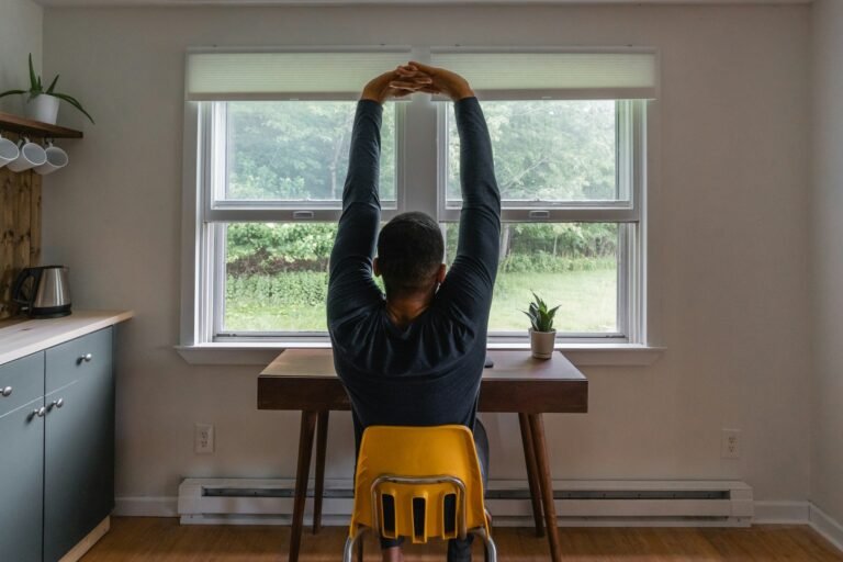 A male freelancer works in his kitchen, stretching his arms above him after finding the best invoicing tool for freelancers