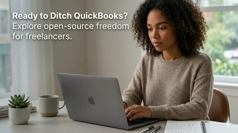 Image of a female freelancer looking for open source QuickBooks alternatives on her laptop