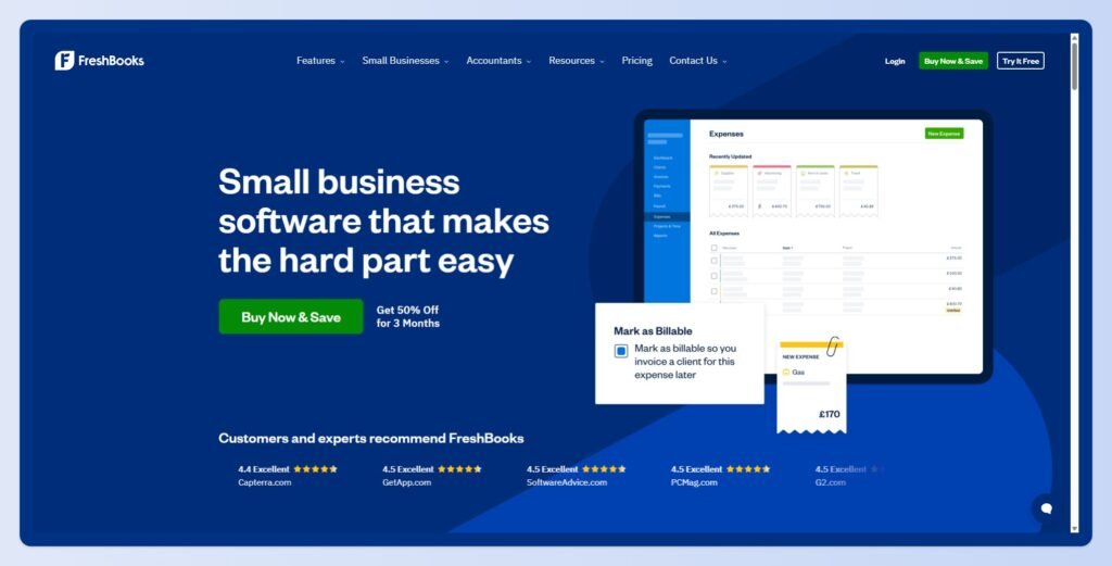 A screenshot of the FreshBooks website homepage