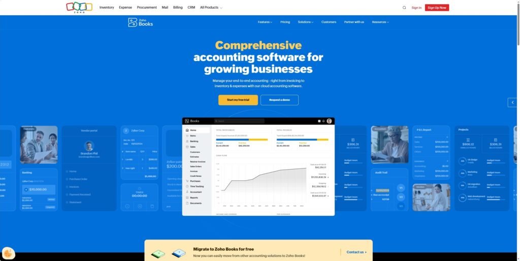 A screenshot of the Zoho website homepage