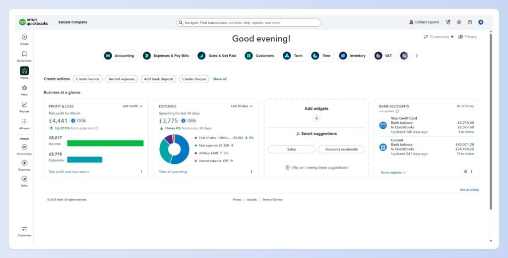 A screenshot of the main dashboard of QuickBooks Online