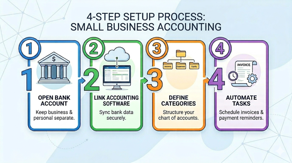 A four-step infographic showing how to set up freelance accounting software