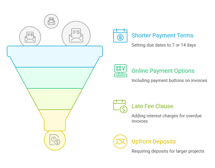 A simple infographic showing the four main strategies for getting invoices paid faster as a freelancer