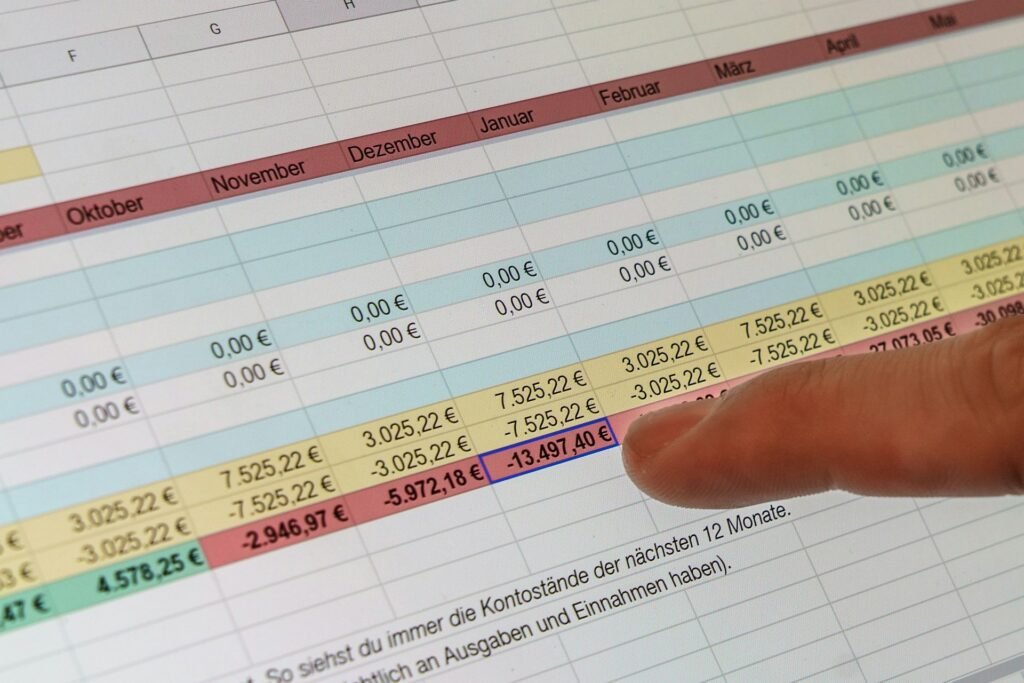 Accounting software for small business shown as a financial spreadsheet on screen with monthly income and expense figures