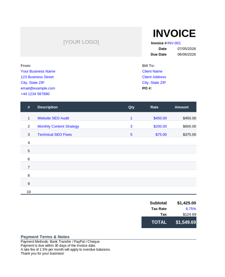 Completed freelance invoice template in Google Sheets with empty line items, subtotal, tax rate, and total fields plus payment terms and notes