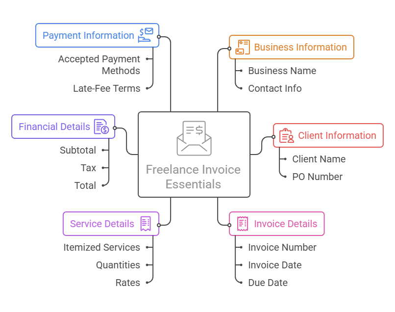 Mind map diagram showing the six essential sections of a freelance invoice including business information, client details, service details, invoice details, financial details, and payment information