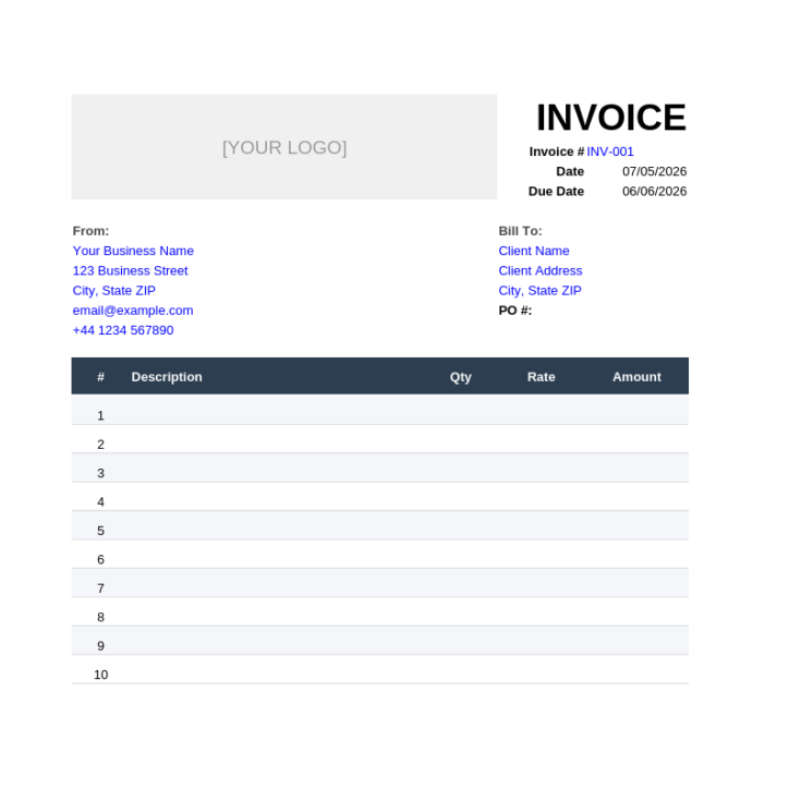 Freelance invoice template showing sample SEO service line items with subtotal, tax rate, and total calculations