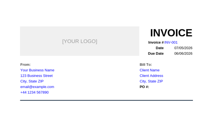 Freelance invoice template with From and Bill To contact details filled in below the header section