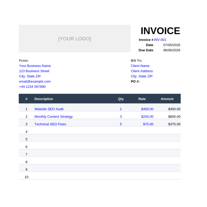 freelance invoice template with sample line items filled in showing subtotal, tax, and total calculations alongside payment terms and late fee notes