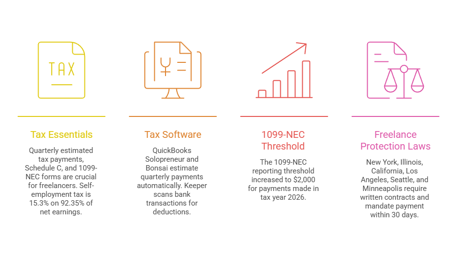 Infographic covering freelance tax essentials including 1099-NEC forms, self-employment tax, quarterly tax payments, and freelance protection laws