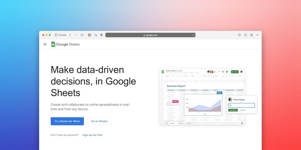 Google Sheets homepage showing the collaborative spreadsheet interface with a business report and real-time commenting
