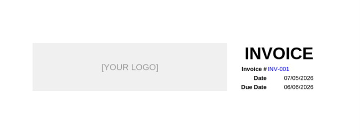 Step one of building a freelance invoice in Google Sheets showing the logo placeholder, invoice number, date, and due date header section
