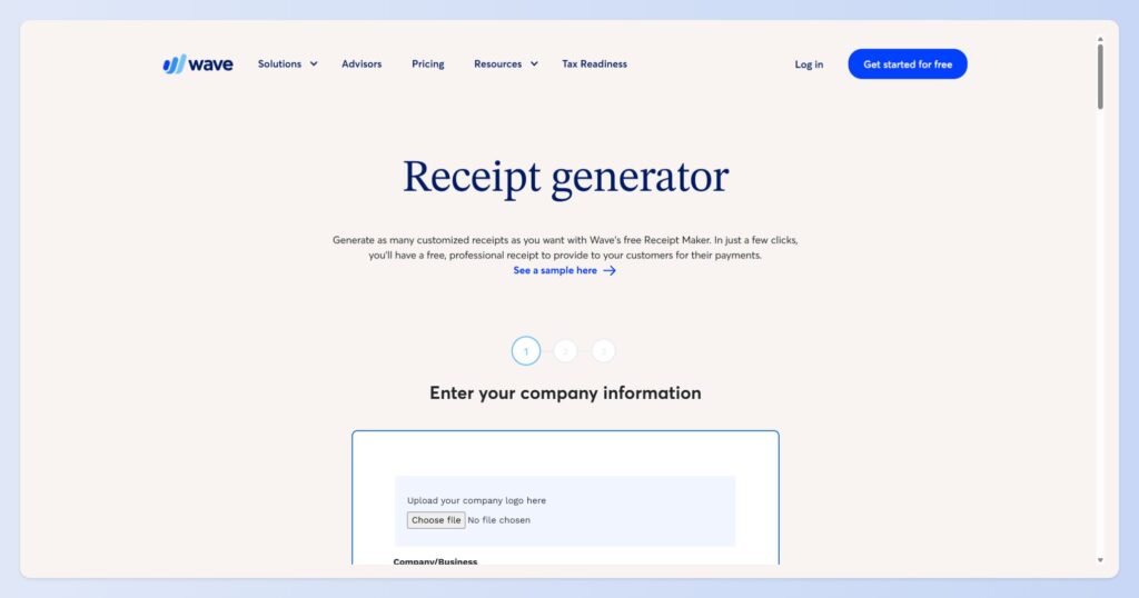 Wave free receipt generator tool showing the company information entry form