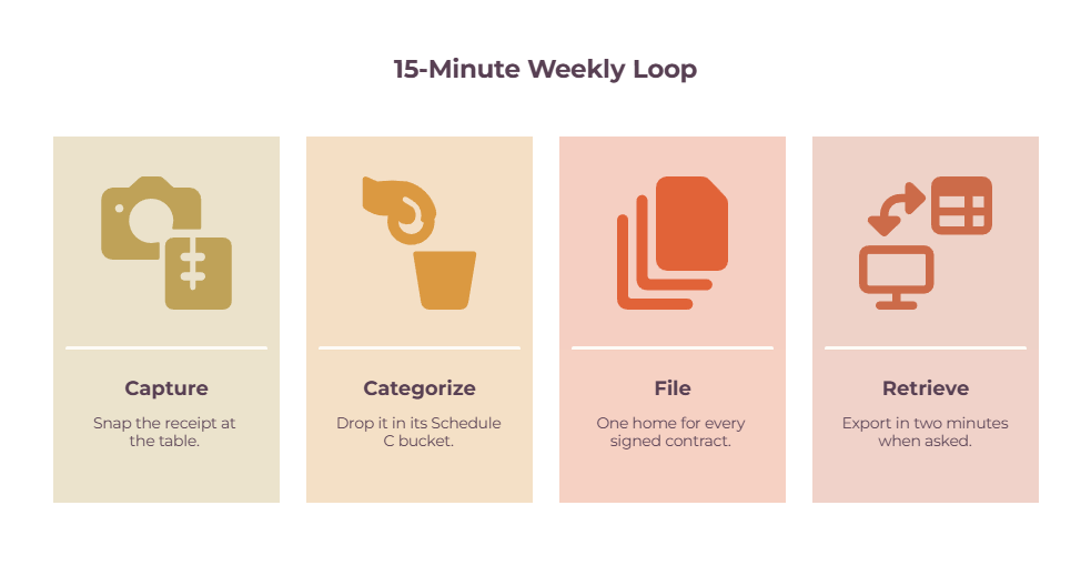 15-minute weekly bookkeeping loop for freelancers - capture receipts, categorize to Schedule C, file contracts, and retrieve exports fast.