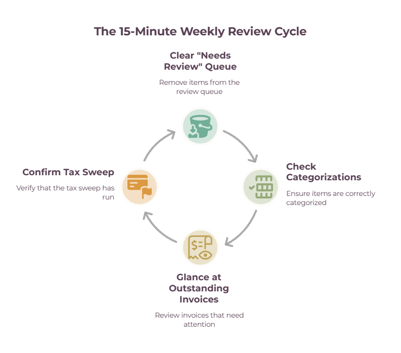 15-minute weekly bookkeeping review cycle - clear review queue, check categorizations, review outstanding invoices, confirm tax sweep.