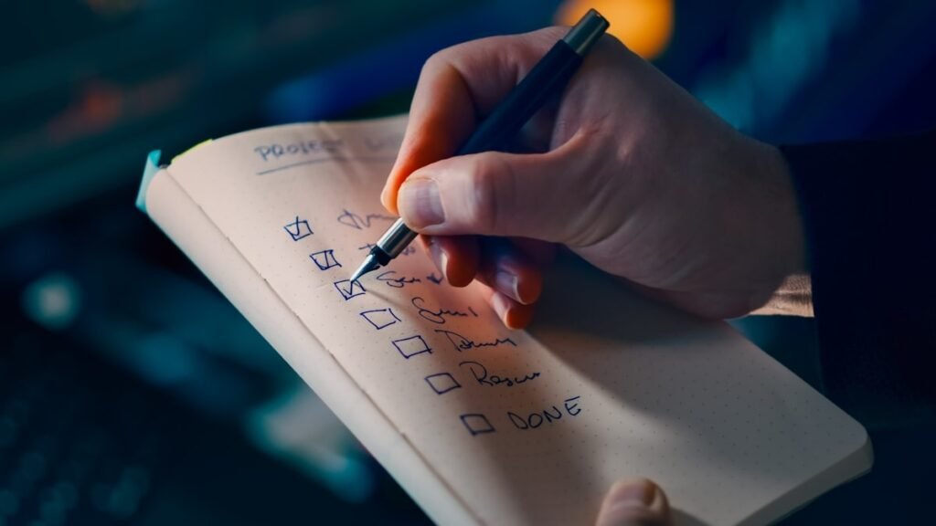 A hand checking off items on a handwritten to-do list in a notebook, symbolizing freelancer task management tools. 
