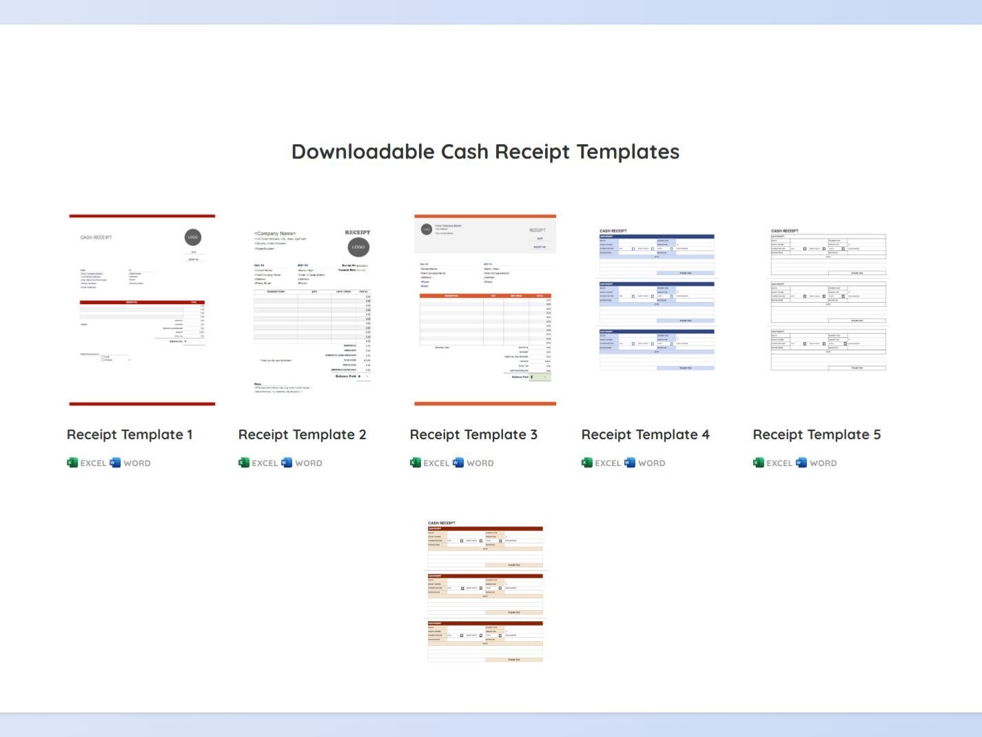 Gallery of five downloadable cash receipt templates available in Excel and Word formats