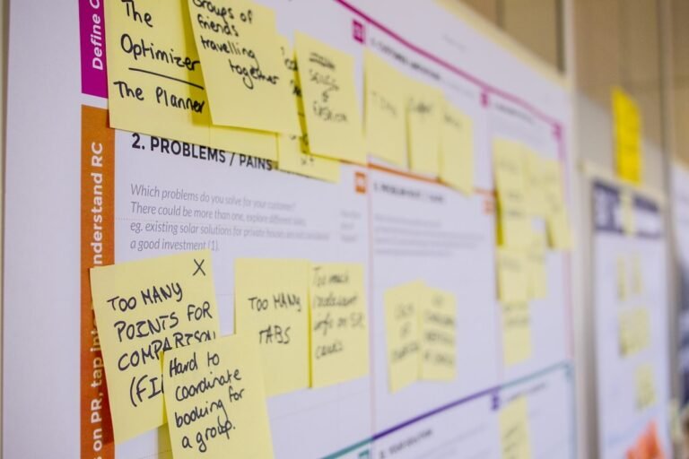 Printed sticky notes organized on a project tracking board, demonstrating how to track freelance project progress effectively.