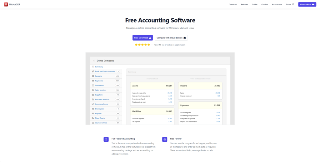 A screenshot of Manager.io Desktop's dashboard with sample data, taken from Manager.io