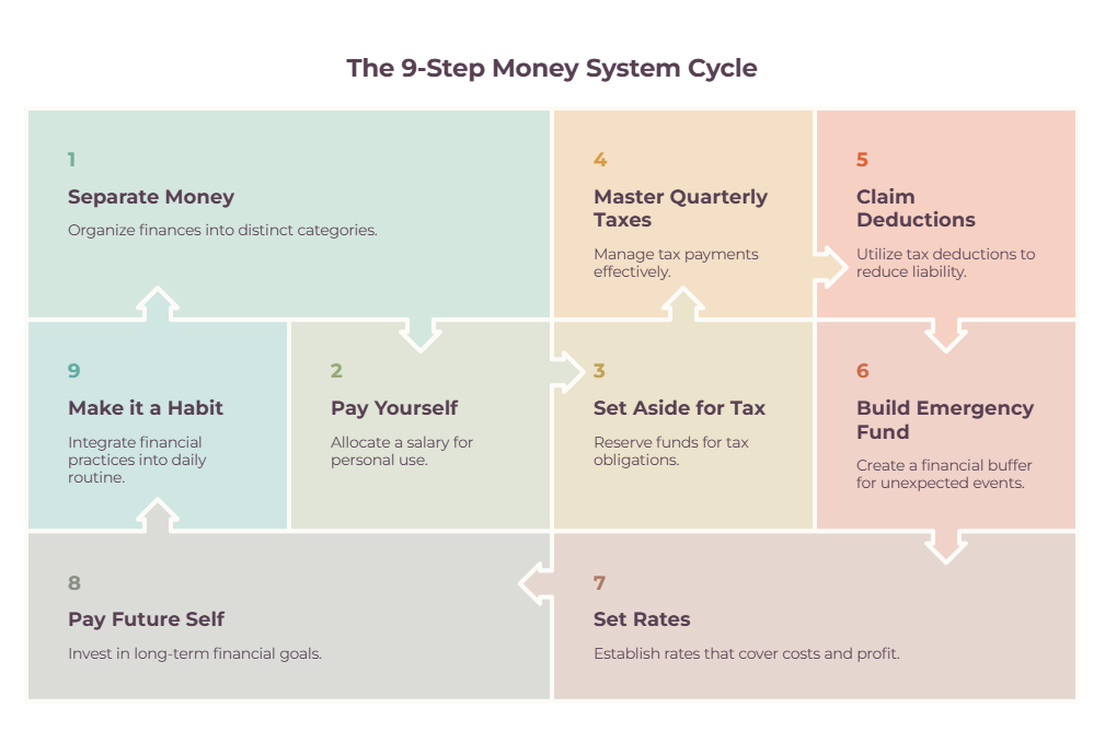 Nine-step money management system for freelancers - separate money, pay yourself, set aside tax, quarterly taxes, deductions, emergency fund, rates, future self, habit.