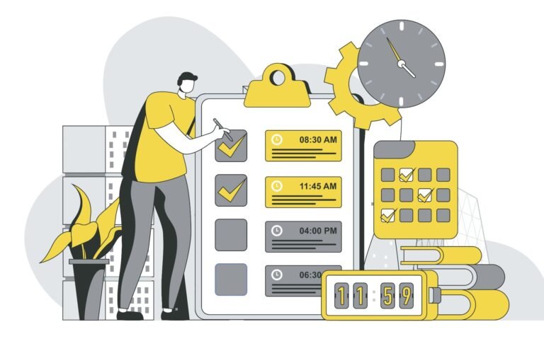 Illustration of a person checking off time-blocked tasks on a large clipboard schedule, surrounded by a clock, calendar, and gear, representing time tracking and invoicing software for freelancers.