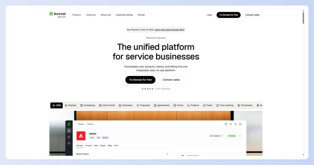 Bonsai all-in-one freelance workspace showing invoicing alongside contracts and projects