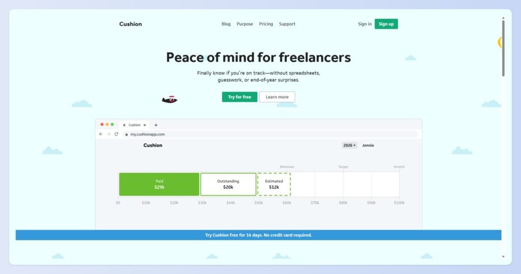 Cushion app dashboard forecasting a freelancer's irregular income and schedule together
