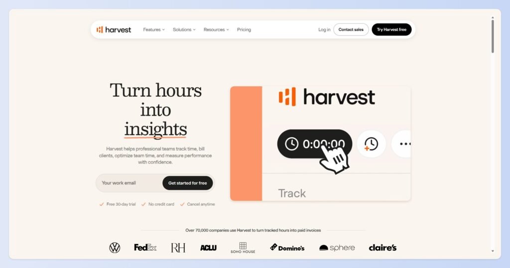 Harvest time-tracking and invoicing dashboard, best for freelancers who bill by the hour