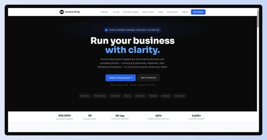 Invoice Ninja dashboard, the open-source freelance billing tool with a self-hosting option