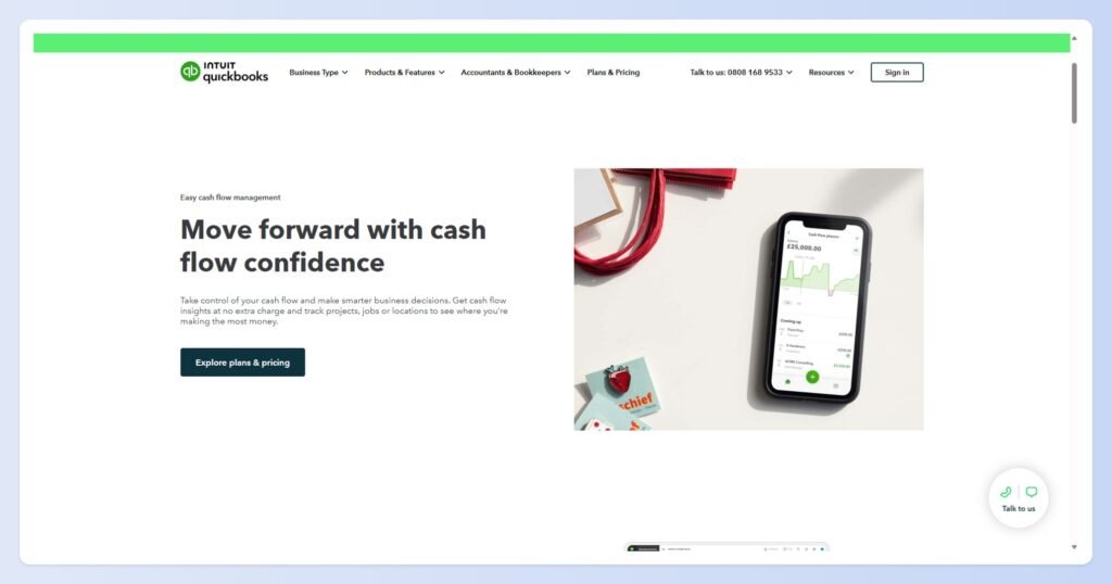 Screenshot of QuickBooks Cash Flow Planner website homepage