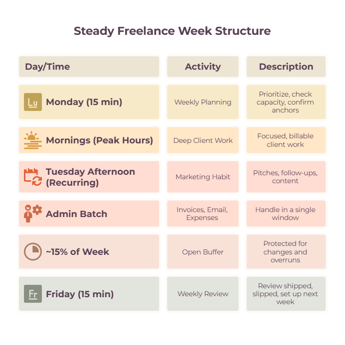 Infographic showing what a steady freelance week looks like, with marketing, client work, and admin balanced across the days