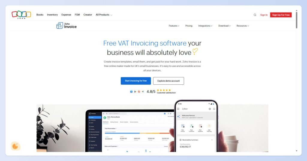 Zoho Invoice interface showing its free invoicing feature set for freelancers