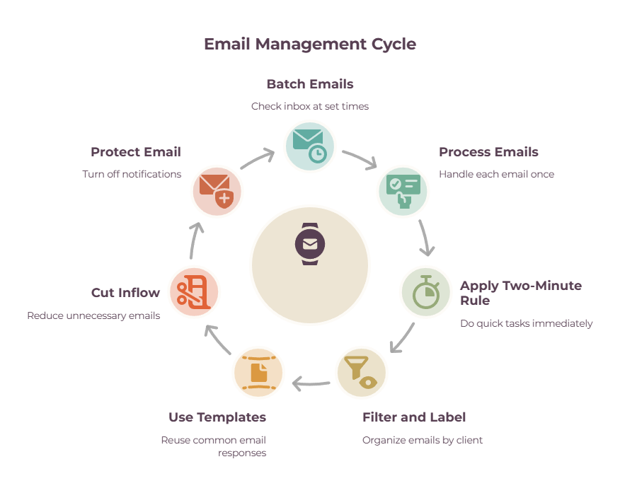 An infographic showing the standard email management cycle a freelancer can use to properly manage their time and stay productive