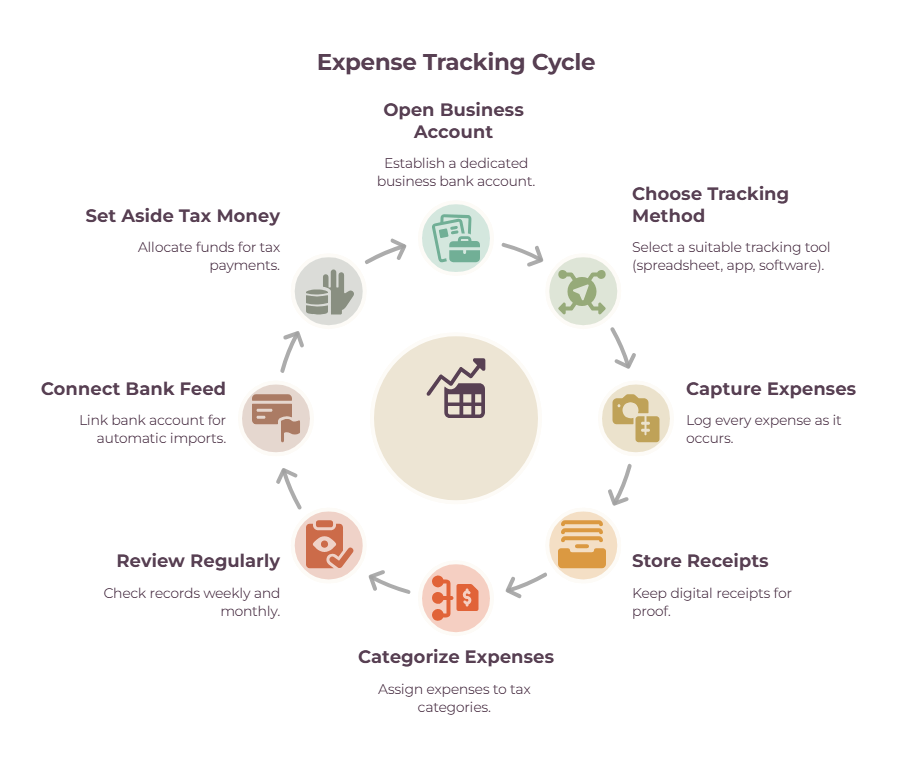 Cycle diagram of eight steps showing how to track expenses, from opening a business account through to setting aside tax money