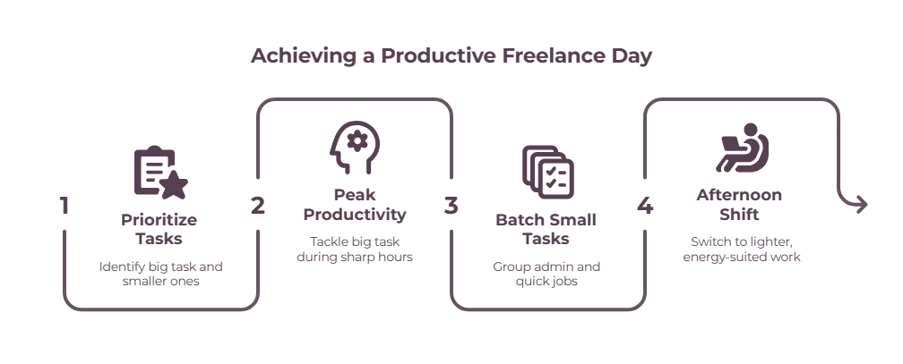 Four-step sequence for a productive freelance day: prioritise tasks, tackle the big task during peak hours, batch small tasks, then shift to lighter afternoon work