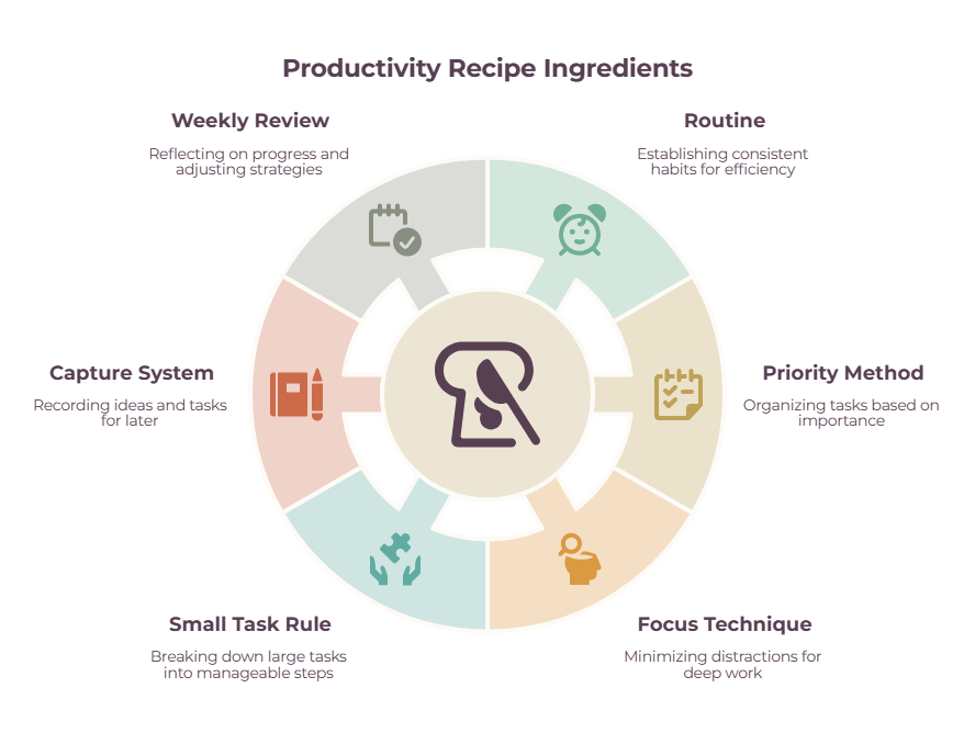 Diagram of the six ingredients of a productivity recipe arranged around a central hub: routine, priority method, focus technique, small task rule, capture system and weekly review