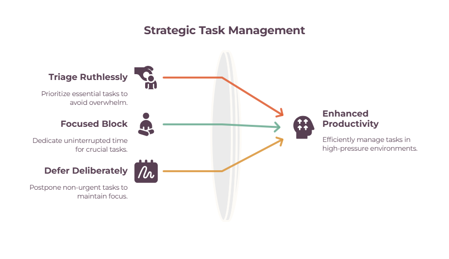 Infographic: triage ruthlessly, protect a focused block and defer deliberately, feeding into higher productivity on a high-pressure day